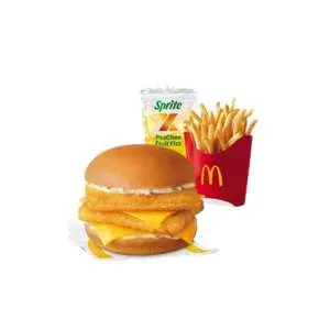 Double Crispy Fish Fillet Sandwich w/ Fries and PeaChee Fruit Fizz Meal
